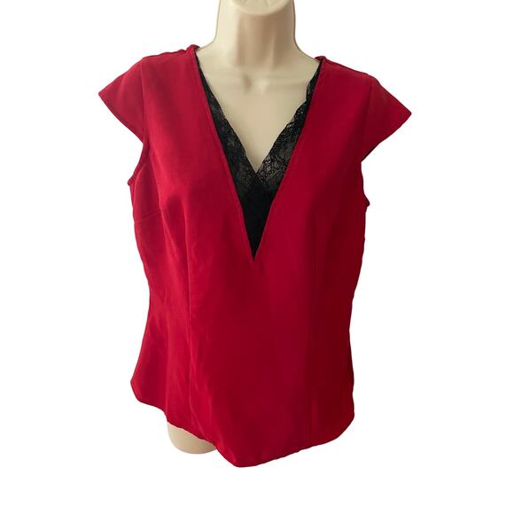 WORTHINGTON, SIZE M, RED CAP SLEEVE TOP WITH BLACK LACE - Picture 1 of 4